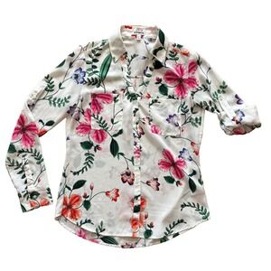 Express Women's Small White Floral Button Up Roll Tab Sleeve Blouse Top